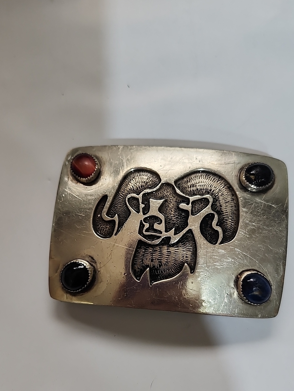 Silver-Tone Ram Emblem Men's Belt Buckle with Multi Gem Accents